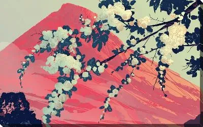 Картина маслом Цветущая сакура на фоне розовой горы