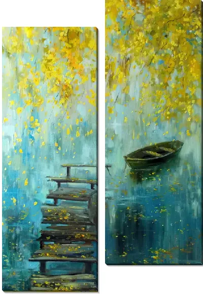 Модульная картина Лодка и лестница под золотыми ветками деревьев