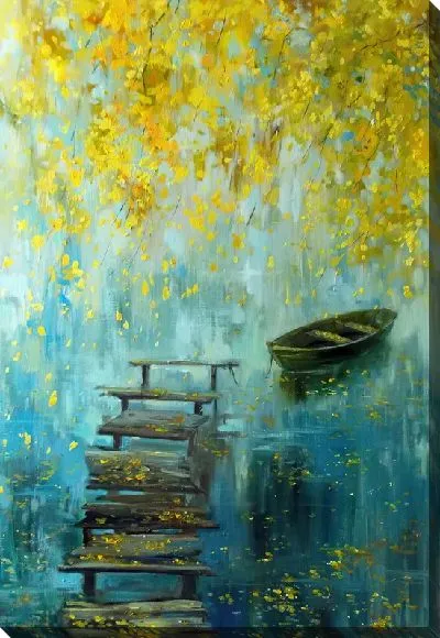 Картина маслом Лодка и лестница под золотыми ветками деревьев