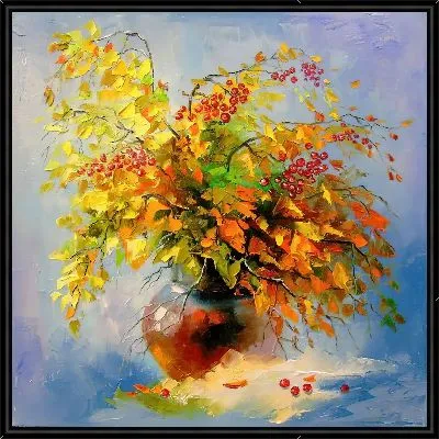Натюрморт с осенним букетом и рябиной
