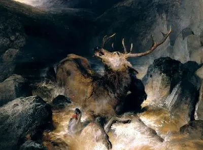 Картина Олень в горах (Deer and Deer Hounds in a Mountain Torrent,)