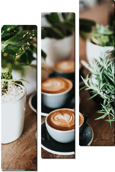 Модульная картина 3 чашки кофе и комнатные растения №2