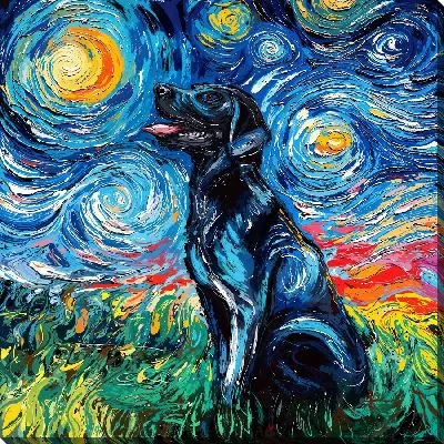 Картина маслом Лабрадор ретривер и звездная ночь №1
