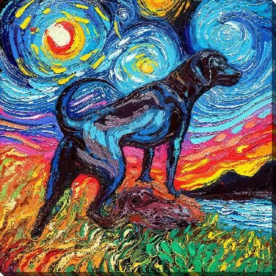 Картина маслом Лабрадор ретривер и звездная ночь №2