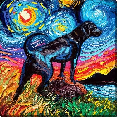 Картина маслом Лабрадор ретривер и звездная ночь №6