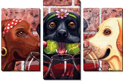 Модульная картина Лабрадоры ретриверы с бокалами вина