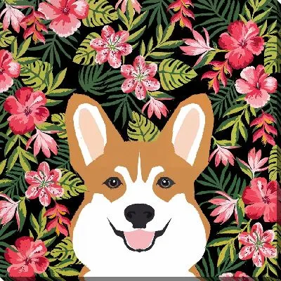 Картина маслом Собака на фоне гибискуса