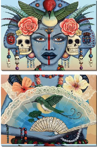 Модульная картина Девушка с черепами и гибискусом