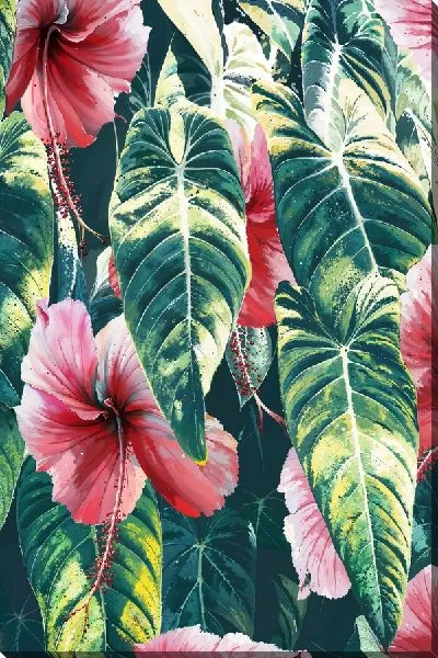 Картина маслом Композиция с листьями и гибискусом №17