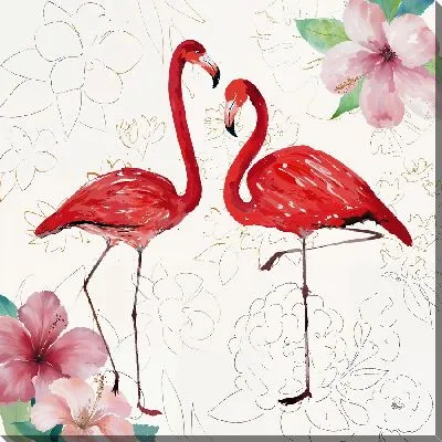 Постер Два фламинго и гибискусы