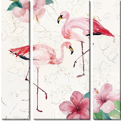 Модульная картина Два фламинго и гибискусы №2