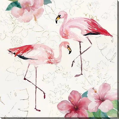 Постер Два фламинго и гибискусы №2