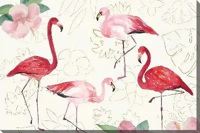 Постер Четыре фламинго и гибискусы