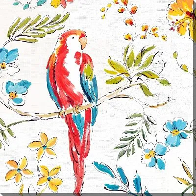Картина маслом попугай на ветке и цветы гибискуса