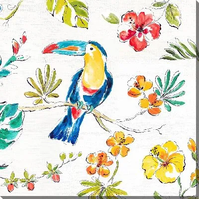 Картина маслом Попугай и цветы гибискуса