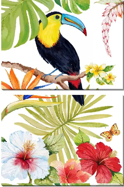 Модульная картина Попугай на ветке с гибискусами №4