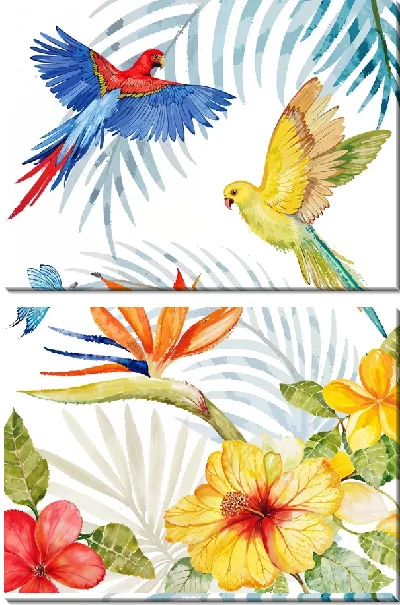 Модульная картина Два попугая, листья и гибискусы