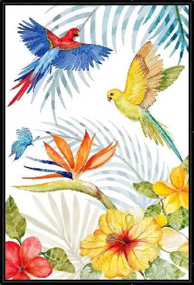 Картина Два попугая, листья и гибискусы