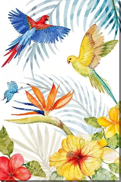 Картина маслом Два попугая, листья и гибискусы