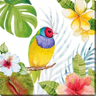 Картина маслом Птица на ветке и гибискусы