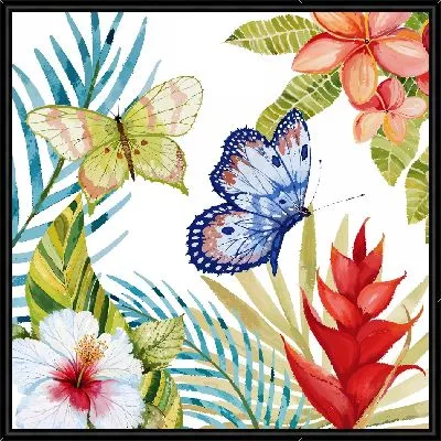 Две бабочки, листья и гибискусы