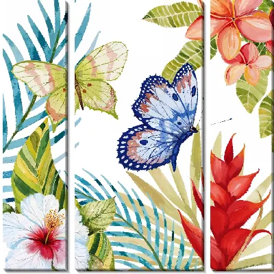 Две бабочки, листья и гибискусы