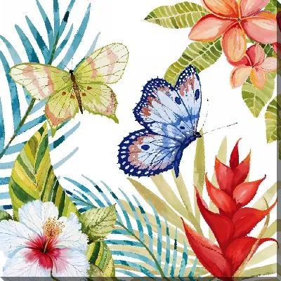 Две бабочки, листья и гибискусы