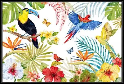 Тукан и попугай на композиции с гибискусами