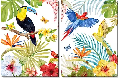 Тукан и попугай на композиции с гибискусами