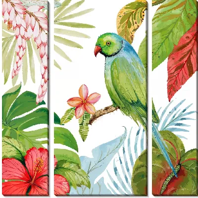 Модульная картина Зеленый попугай и гибискусы