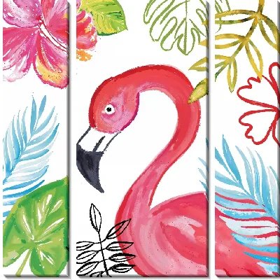 Модульная картина Фламинго с листьями на белом фоне