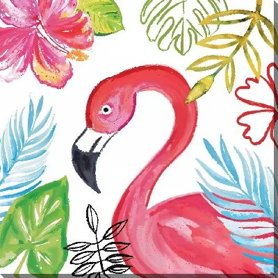 Фламинго с листьями на белом фоне