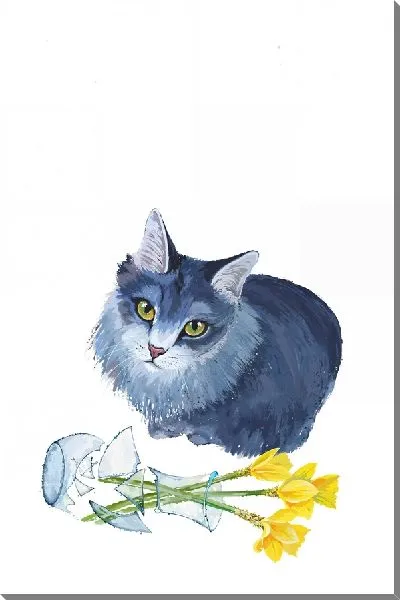 Картина маслом Кошка и разбитая ваза с нарциссами