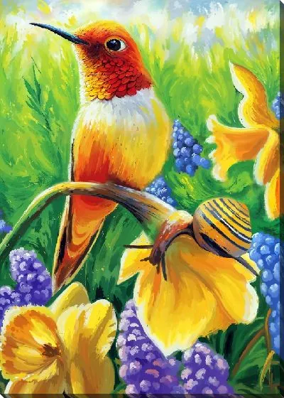 Картина маслом Колибри и нарциссы