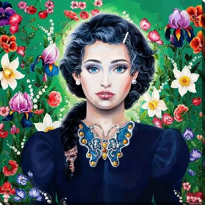 Девушка с брошкой в виде бабочки и нарциссы