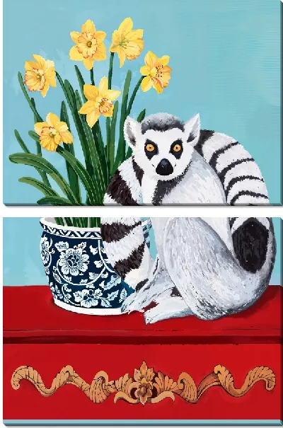 Модульная картина Лемур и букет нарциссов