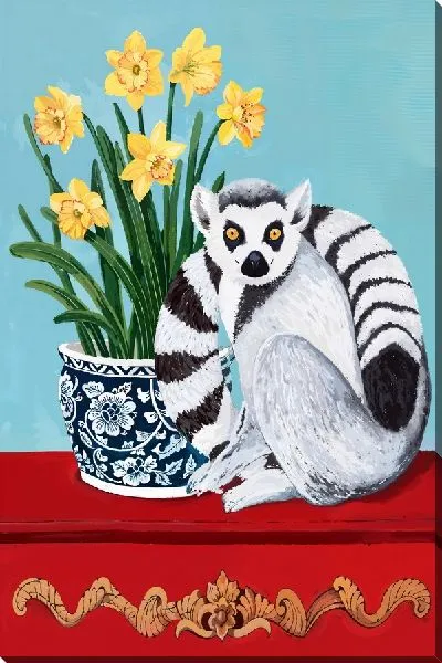 Картина маслом Лемур и букет нарциссов