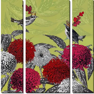 Модульная картина Две птицы на хризантемах
