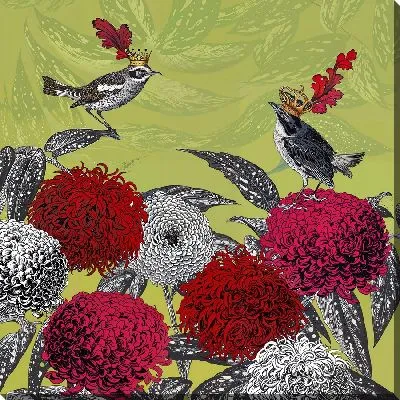 Картина маслом Две птицы на хризантемах