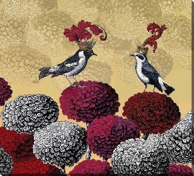 Картина маслом Две птицы на хризантемах №2