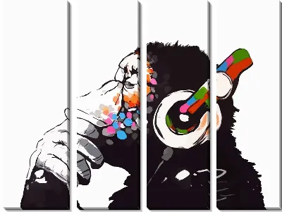 Модульная картина Обезьяна в белых наушниках слушает музыку