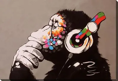 Картина маслом Обезьяна в белых наушниках на коричневом фоне