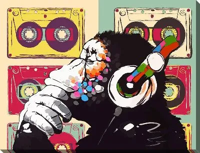 Картина маслом Обезьяна в белых наушниках на фоне аудиокассет