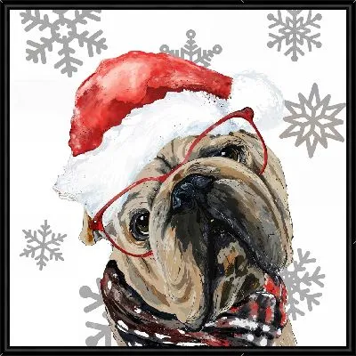 Бульдог в очках и шапочке Деда Мороза