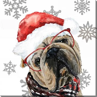 Бульдог в очках и шапочке Деда Мороза