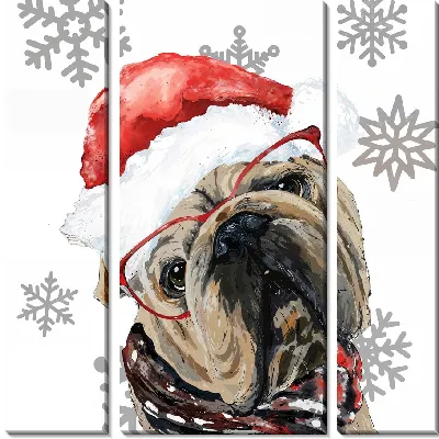 Бульдог в очках и шапочке Деда Мороза