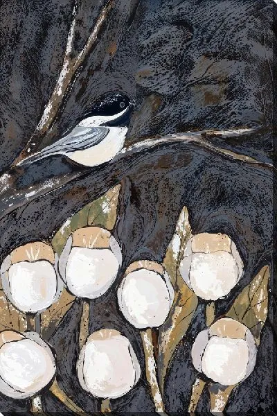 Картина маслом Птица на ветке и тюльпаны