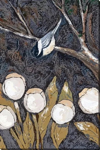 Картина маслом Птичка смотрит на тюльпаны