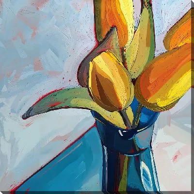 Картина маслом Букет желтых тюльпанов в стеклянной вазе