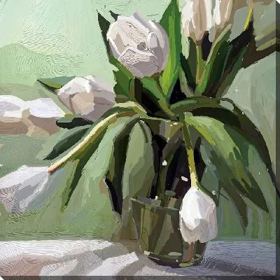Картина маслом Букет белых тюльпанов на столе